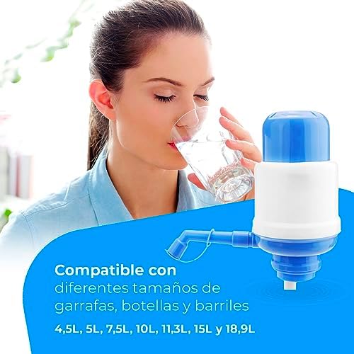 Dispensador de Agua Universal - Dosificador Manual para Garrafas, Botellones, Barriles - Compatible para Botellas de 2,4,6,8,10 y 12L, con Adaptador de 3,8 y 4,8 cm - Blanco y Azul