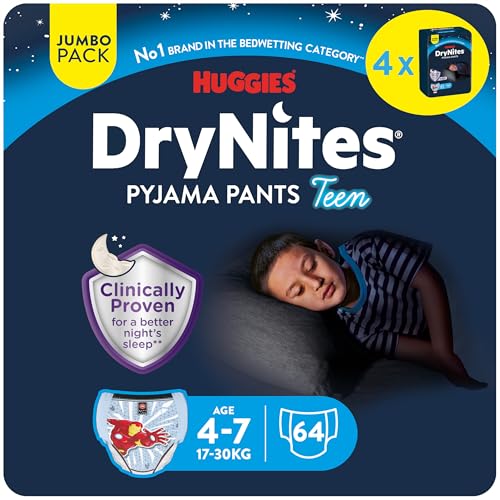 Drynites 4-7 ans Garçon (17-30kg) - Sous-Vêtements de Nuit Absorbants pour Enfants qui Font Pipi au Lit - x64 Culottes (Lot de 4 Paquets de 16)
