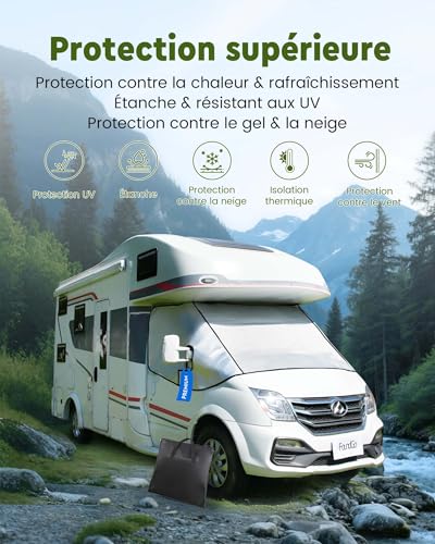 FoundGo Housse Pare‑Brise Camping‑Car, Bâche Cabine Isolée Thermiquement avec Fermetures Éclair Aluminium & Poche, Protection Thermique pour Fiat Ducato, Peugeot Boxer et Citroën Relay