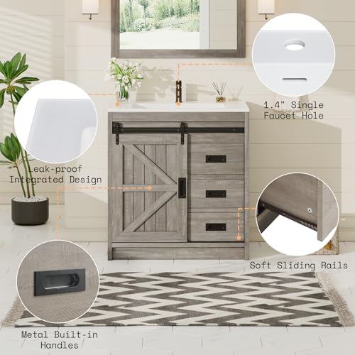 Jocisland Farmhouse Bathroom Vanity with Sink Combo, 31in Sliding Barn Door Bathroom Vanity Cabinet Set with Storage Drawers, Metal Handles, Small Single Bath Storage Vanity Sink, Light Grey