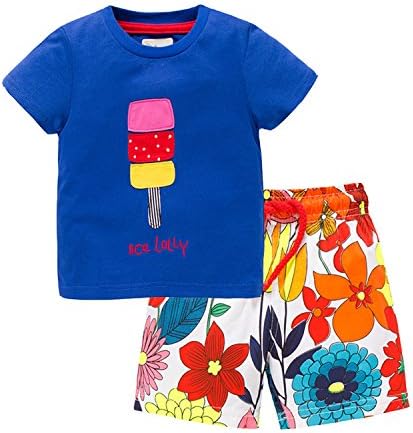 Halo S Toddler Girls' 2 Piece Ruffle Sleeve Ice Cream T-Shirt with Printed Flower Short Set(18/24m-6T)) (4t)
