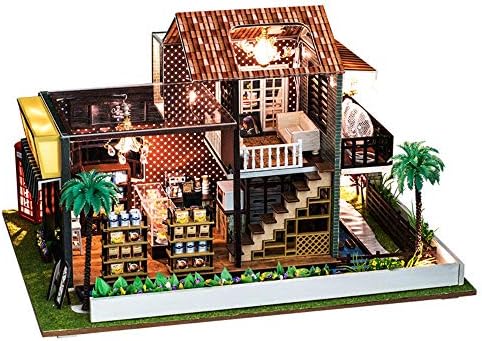 Cocal Coffee House Pattern DIY Christmas House Assemble Miniature Dollhouse LED Furniture Kit Christmas Gift