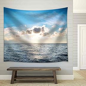 Sea with Blue Water, Sky and Clouds. Sunset Above Seascape - Fabric Wall Tapestry Home Decor - 51x60 inches