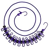 Travel Elastic Clothesline Yazer Portable Windproof Clothesline Rope with Adjustable Anti-Skid 12 Pcs Clothespin for Outdoor and Indoor (Purple)