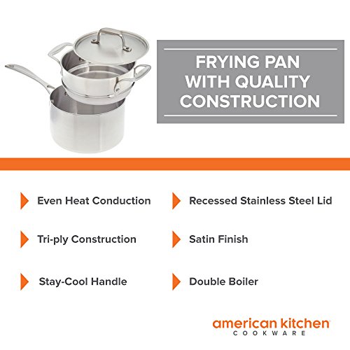 American Kitchen - 3-quart Premium Stainless Steel Saucepan with Double Boiler Insert and Cover - Thumbnail 2