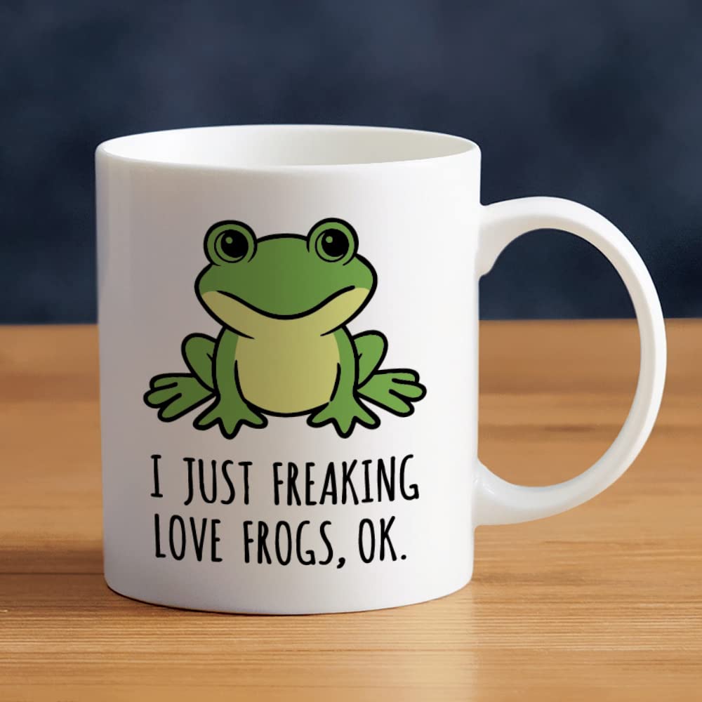 LOZACHE Cute Frog Coffee Mug 11oz, I Just Freaking Love Frogs Ceramic Mug Tea Milk Cup, Funny Gag Gifts Ideas White Elephant for Frog Lovers Men Women Adults Children
