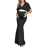 AISWI Maxi Maternity Dress Semi Formal Baby Shower Wedding Guest V-Neck Handkerchief Sleeves Elegant