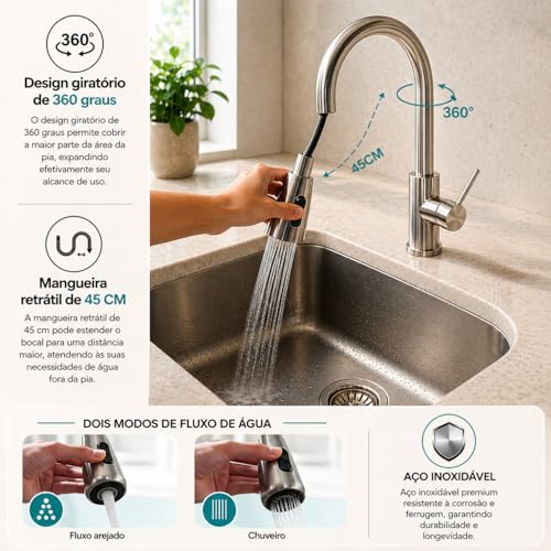 Torneira Gourmet Inox 360° com Mangueira Retrátil 45cm – Dois Modos de Água para Cozinha Spray e Chuveiro - Design Moderno, Rápida Instalação e Alta Durabilidade