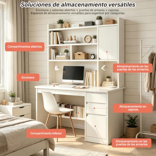 FORKUSO Escritorio con Cajones y Repisa, Computadora Minimalista. Oficina, Madera (Desk). 120 * 45 * 164CM 4 estantes, 3 cajones, 2 armarios. para Sala, Dormitorio o Juegos (Blanco)