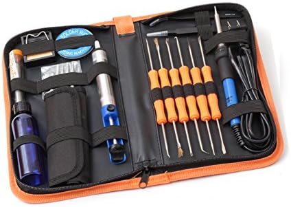 All-In-One 29 piece solder kit Includes 110V 60W adjustable temp solder iron, de-solder pump, de-soldering wick, bottle, 10 pcs screw driver set, 14 convenient soldering tools &amp; organized tool case