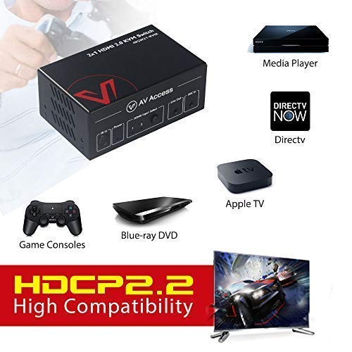 AV Access KVM Switch HDMI 2.0 2 Port IR Remote, 4K60Hz YUV444 18Gbps, 2x1 USB 2.0 Keyboard/Mouse/Printer/Monitor/PC selector, Audio Out/Mic in, HDR10, Dobly Vision, Dolby Atmos, HDCP 2.2, 2 in 1 Out - Thumbnail 3