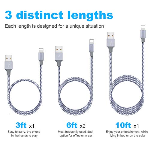 iPhone Charger, HENVREN MFi Certified Lightning Cables 4Pack 3FT 2x6FT 10FT to USB Syncing Data and Nylon Braided Cord Charger for iPhone Xs/Max/XR/X/8/8Plus/7/7Plus/6S/6S Plus/SE/iPad and More - Gray - Thumbnail 5