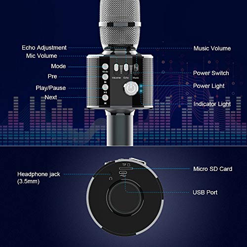 Bluetooth Microfono Karaoke, Xpreen Microfono Bambini Senza Fili Wireless Portatile Macchina da Karaoke per Android/iPhone/iPad/Sony/PC Smartphone