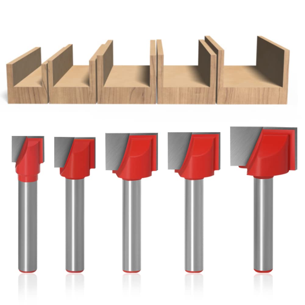 WSOOX 6mm Shank Bottom Cleaning Router Bit Set, 5-piece Slotting Router Bit Set (10mm/13mm/16mm 18mm/20mm)