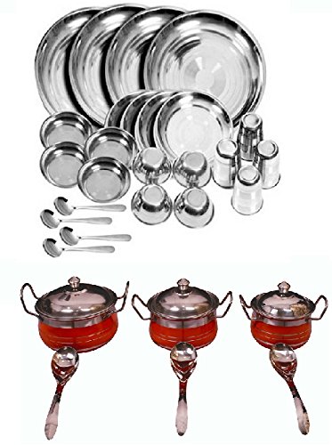 Royal sapphire stainless steel combo set Dinner Set 24 Pcs and Orange color Handi Set Of 3