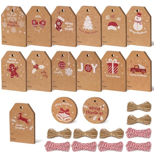 Blisstime 120Pcs Christmas Gift Tags with String, 15 Styles Gift Tags Kraft Paper Tags Bulk Unique Christmas Labels with Twine for DIY Xmas Holiday Party Supplies