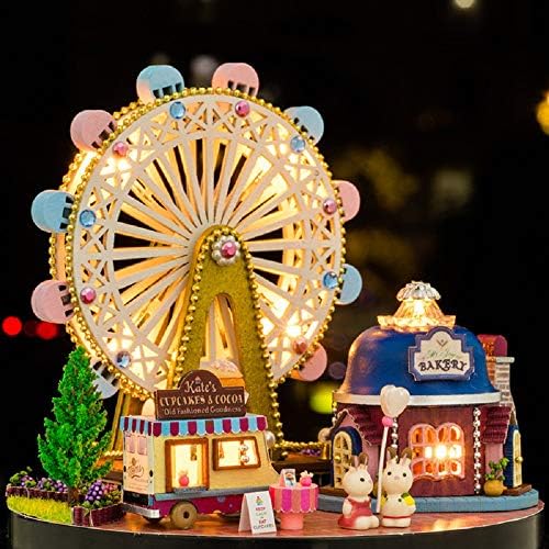 ENLI DIY Wooden Miniature Dollhouse DIY Kit with Light- Acrylic Dome Dollhouses Accessories Dolls Houses With Furniture and Music Box Best Gift (Ferris wheel)
