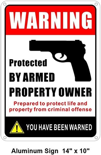Rockmount Electronics Rust Free Aluminium Sign Large 14" X 10" - Protected by Armed Property Owner/You Have Been Warned - Gun Handgun Security Alert Aluminum Metal Warning Sign