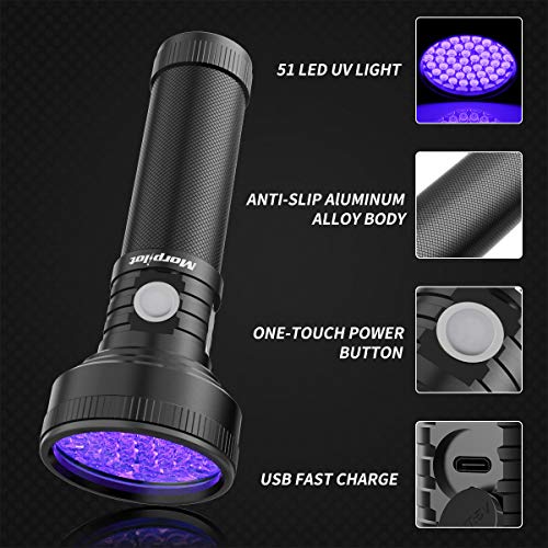 Lampe Torche UV Rechargeable, Morpilot 51 LED Lampe de Poche UV 395nm Lumière Noire Ultra Violette avec Câble USB pour Détecter Tache Urine Animal Chien, Resine, Fluorescent, Scorpion etc.