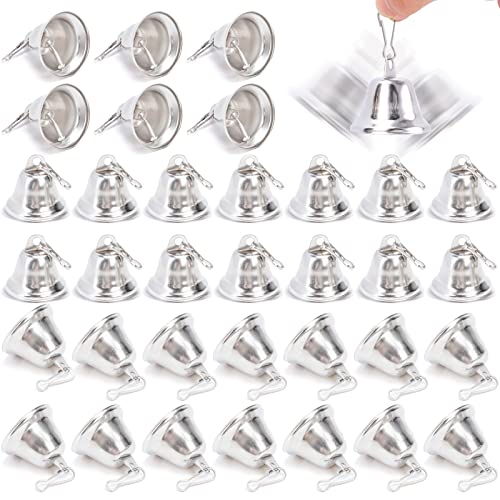 MCPINKY Craft Bells, 34PCS Silver Jingle Bells (1.7 X1.5 Inch) Small Brass Bells with Spring Hooks Hanging for Wind Chimes Housebreaking Doorbell Wedding Decor DIY Favor