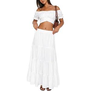 Lybiogs Womens 2 Piece Outfit Boho Summer Vacation Top Maxi Skirt Set | Soft, flowy, long skirts, pockets, ruched off shoulde