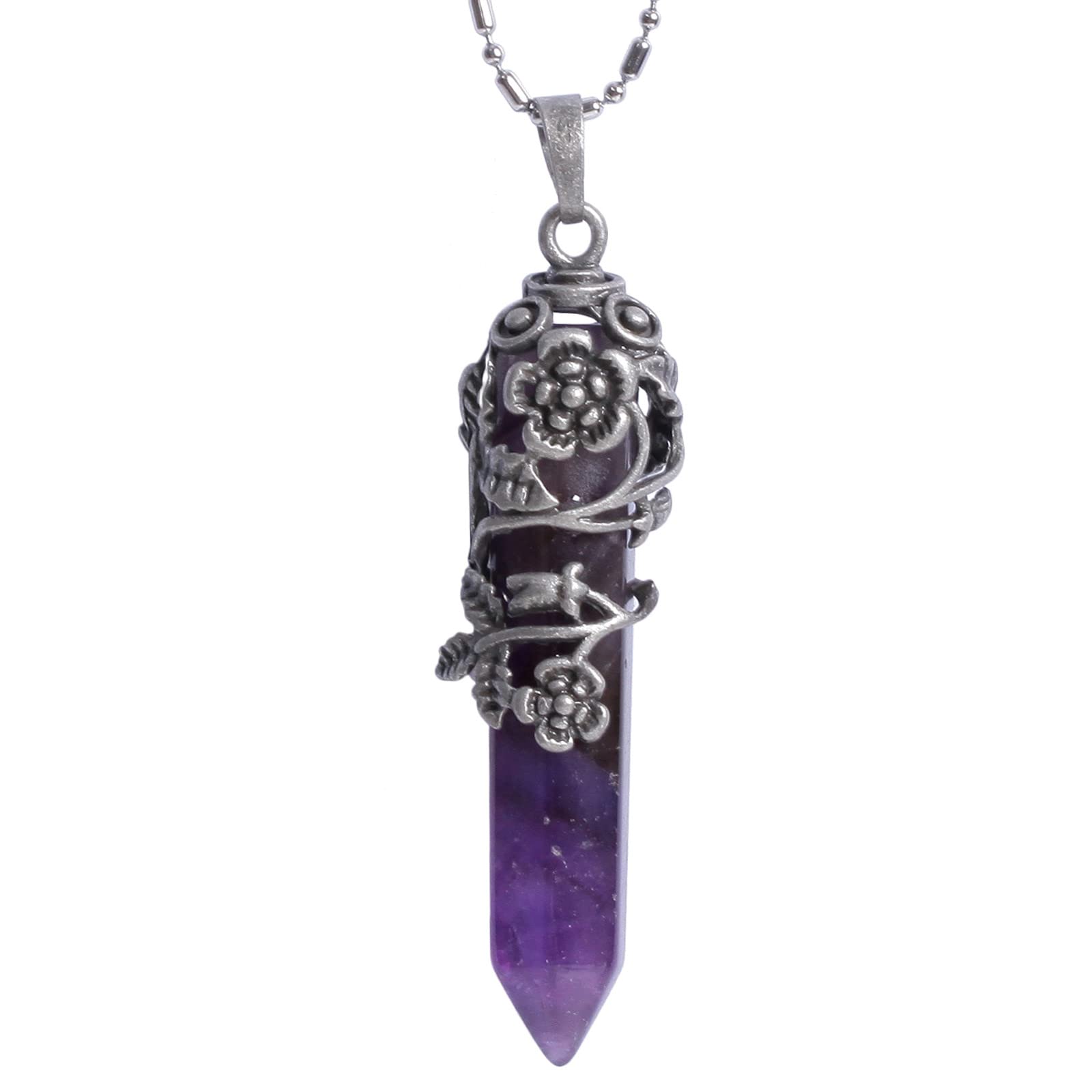 Nupuyai Vintage Flower Amethyst Crystal Point Pendant Necklace for Women, Hexagonal Pendulum Reiki Wrap Stone Pendant with Chain