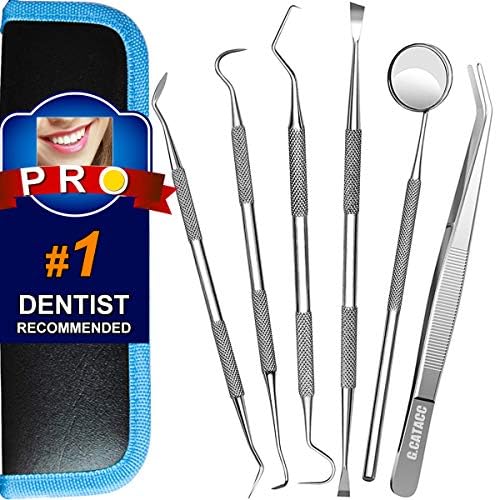 Dental Instruments, 6 Pack Tooth Cleansing Instruments Stainless Metal Dental Scraper Tooth Choose Hygiene Set with Mouth Mirror, Tweezer Package for Dentist, Household Oral Care, Canines – with Leather-based Case