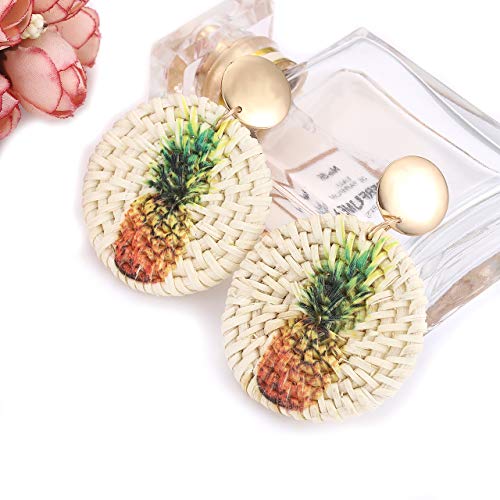 CEALXHENY Rattan Earrings Straw Wicker Braid Earrings Tropical Fruit Print Drop Dangle Earrings Handmade Statement Earrings for Women Girls (Pineapple)