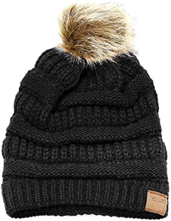 Uniklook Heimish Women's Soft Cable Knit Faux Pom Pom Solid Color Winter Beanie Hat Snow Cap (Black)