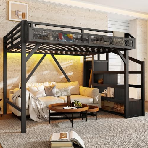 Photo 1 of Bellemave Full Size Loft Bed with Storage Stairs, Shelves & Wardrobe, Metal Full Loft Bed Frame with LED Lights & USB Ports for Kids Teens, Noise-Reduced Design, Black