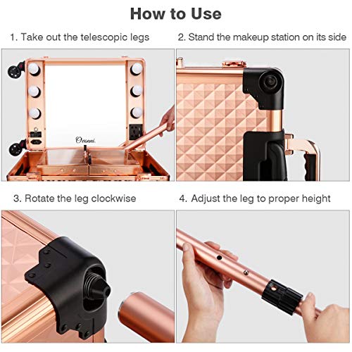 Ovonni LED Makeup Train Case, Lighted Rolling Travel Portable Cosmetic Organizer Box with Mirror and 4 Detachable Wheels, Professional Artist Trolley Studio Free Standing Workstation