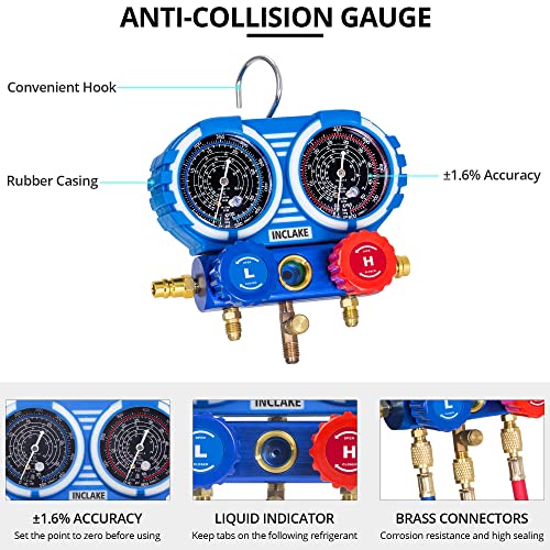 INCLAKE Manifold Gauge Set, Home AC Gauge Set for R410A, R22, R32