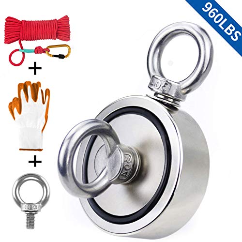 Fishing Magnet with Rope & Gloves, 960lbs Pulling Force Double Sided Super Strong Round Rare Earth Neodymium Magnet with Eyebolt for Magnetic Fishing, River, Lake, Salvage, 2.95" Diameter