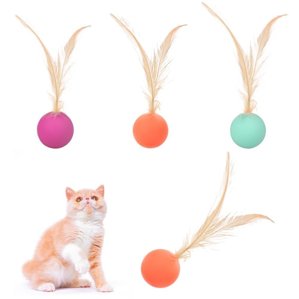 KAEGOUSY 3Pcs Cat Toy Balls with Feather Interactive Feather Toy for Indoor Cats Bouncy Ball with Feather for Cats Indoor and Outdoor Play Interactionion (Pink, Green, Orange)
