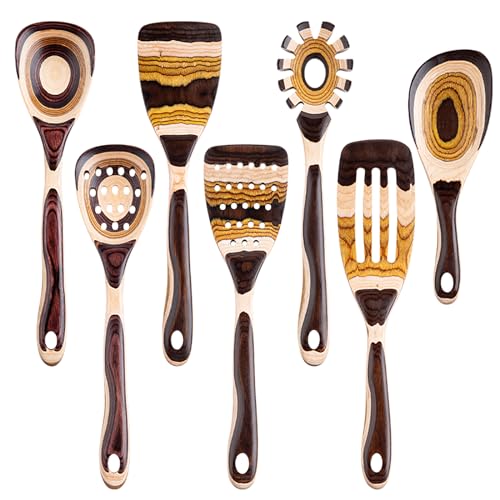 Gudamaye 7-Piece Brown Pakkawood Utensils Set – Sturdy, Eco-Friendly, Wooden Spoons for cooking, Wooden Utensil for cooking, Wooden Kitchen Tool, Home & Kitchen Gifts for Men and Women