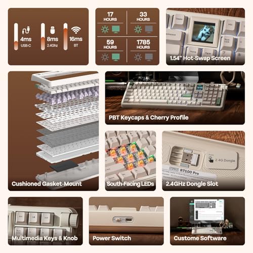 EPOMAKER RT100 PRO Tri-Mode Mechanical Keyboard, 1.54” Hot-Swap Screen, Knob, Retro PBT Keycap, Mac Keys, Thocky Gasket, Custom Driver, RGB, BT/2.4G Wireless Gaming Keyboard (White, Creamy Jade)