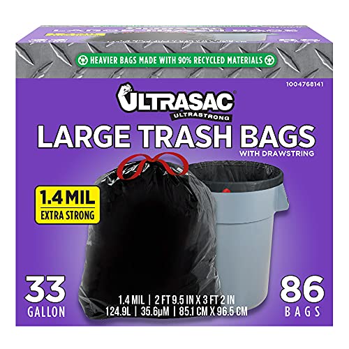 Ultrasac Black Large Heavy Duty Drawstring Trash Bags 33 Gallon 1.4 MIL, 33.5