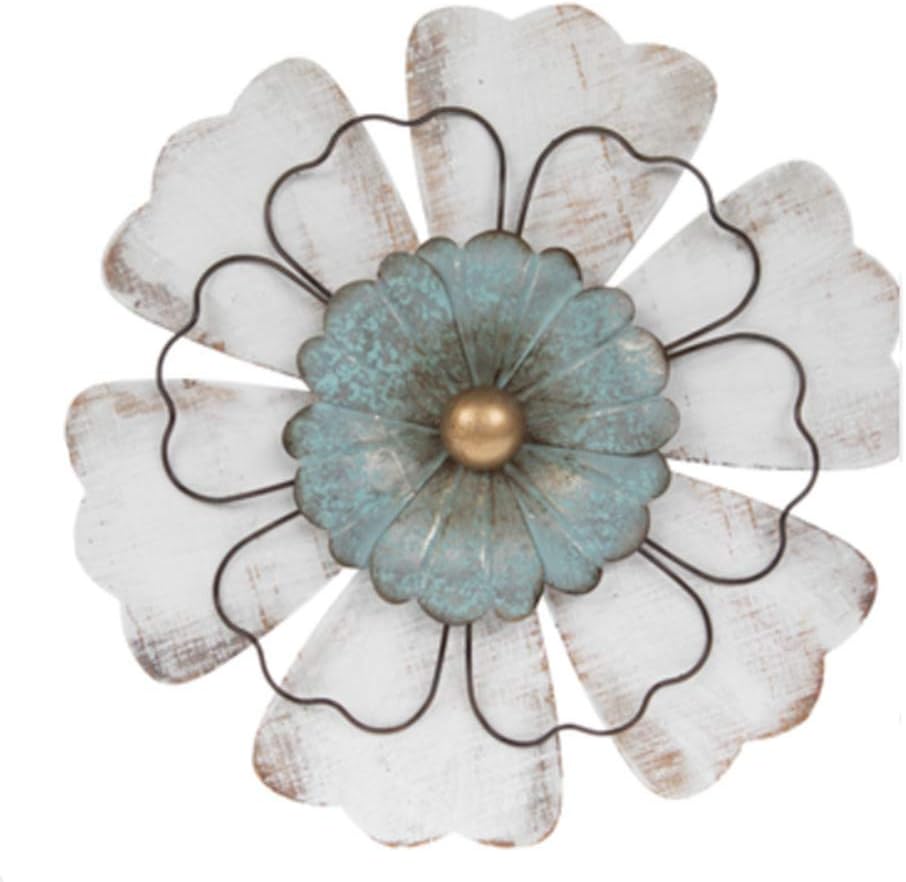NA Distressed White & Turquoise Flower Metal