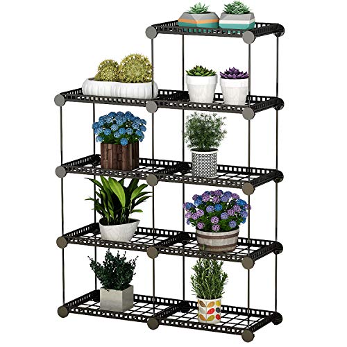 JYYG Portable Plant Stands Custom Shaped Succulents Pot Shelf Standing Baker's Racks for Flowers Metal Shelving Unit for Green House Indoor Outdoor Multifunction Storage Organizer, 7-Grid Black