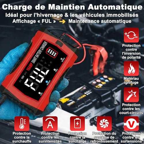 HTRC 16A Car Battery Charger 6V 12V 24V, Fully Automatic Intelligent Battery Charger with LCD for Lead-Acid Batteries (AGM, EFB, Gel, Calcium, SLA, VRLA) and Lithium/LiFePO4 Batteries