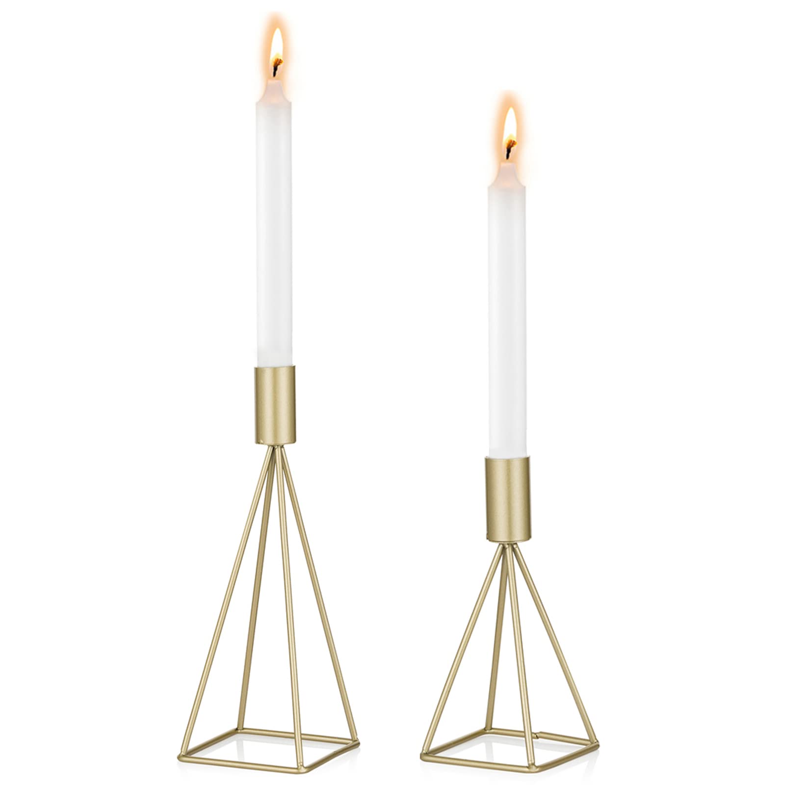 Sziqiqi Geometric Wire Taper Candle Holders Candlestick Holder Set of 2, Gold Finish, Modern Minimalist Decorative Centerpiece for Fireplace Mantel Coffee Tabletop Counter