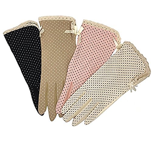 4 Pairs Summer/Autumn women Dots Sun Uv Protection Cotton Sun Protection Lace Anti-skid Driving Gloves, Multicoloured, Medium