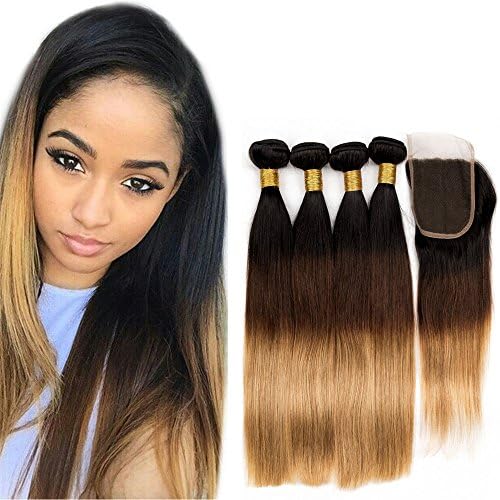 Wigsforyou Ombre Blonde 4 Bundles Straight Protein Filaments Synthetic Weave Hair with 1pcs 4x4" Lace Closure 24 24 26 26 with 18"