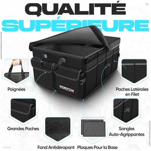 Organiseur de coffre de voiture, pliable, plusieurs compartiments, rangement pliable pour accessoires de voiture, fond antidérapant, sangles de sécurité, couvercle souple, 50 L (Noir, Standard)