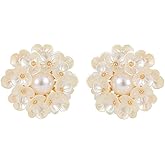 Round Flower Shell Pearl Stud Earrings for Women Girls 925 Sterling Silver Post Pin Dainty White Hydrangea Clover Cluster Leaf Blossom Elegant Wedding Birthday Holiday Jewelry Gifts