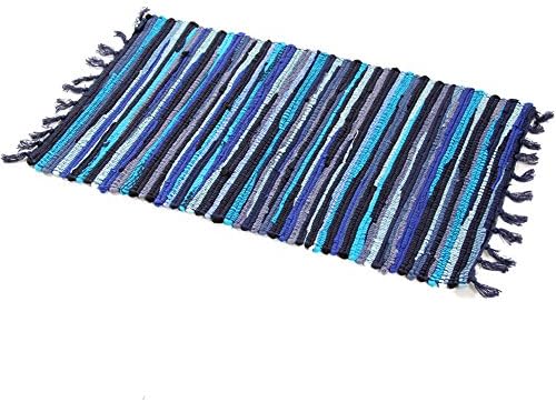 Chindi Rag Rug, 20'' x 47" Blue Machine Washable Cotton Reversible Rag Rug Hand Woven Multi Color Striped Area Rug Floor Rugs for Bedroom, Living Room, Kitchen and Laundry Room