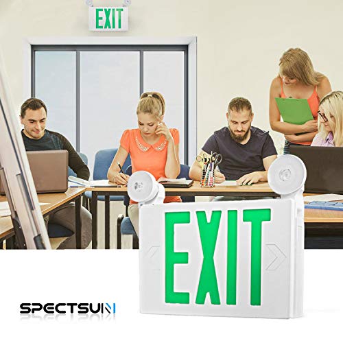 SPECTSUN LED Exit Emergency Light with Battery Backup, Green Exit Emergency Sign with 2 Lamp Heads, Fire Exit Sign with Emergency Lights, Hardwired Exit Sign - 1 Pack, Plastic Modern Exit Sign Indoor