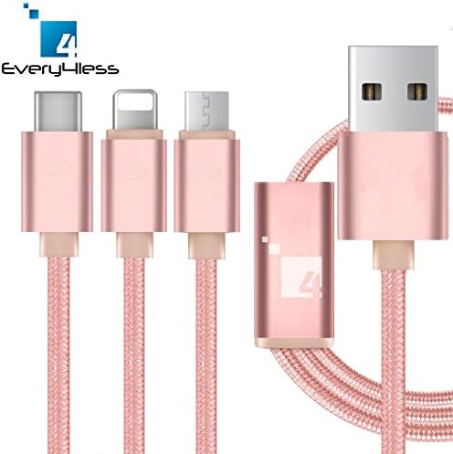 Rose Gold USB 3 in 1 Braided Cable Extension Type-C Lightning Micro Adapter Charging Charger Gold for iPhone 5S 6 6S 7 Plus iPad iOS Android MacBook Samsung Fast Sync Quick Connect Every4Less