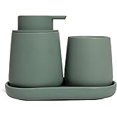 INGOFIN 3 Pcs Ceramic Bathroom Accessory Set - Liquid Soap Dispenser, Toothbrush Holder & Tray, Bathroom Counter Set, Countertop Essentials for Home, Guest Bathroom, or Office Use, Matte Green