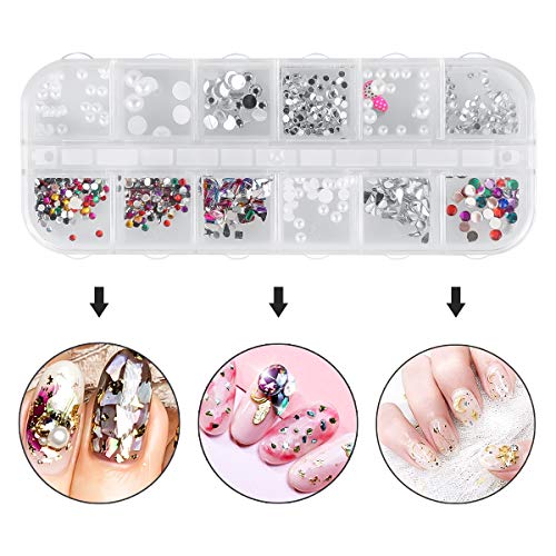 Nail Art Kit, WOVTE 15 Gel Acrylic Painting Brushes, 5 Dotting Pens, 12 Grids Nail Art Rhinestones, 2 Pack Colorful Diamonds Crystals Beads Gems Nail Art Decorations and 1 Tweezers for Nail Art DIY